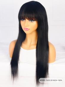 Straight Woven Human Hair Wig With Bangs - Natural Black - View 3