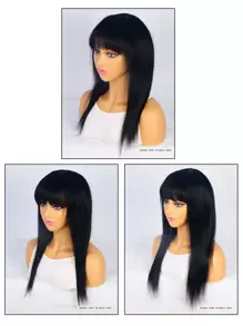 Straight Woven Human Hair Wig With Bangs - Natural Black - View 6