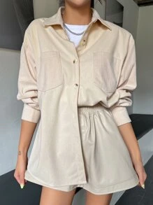 DAZY Letter Patched Split Back Drop Shoulder Shirt Long Sleeve Top - Beige - View 2