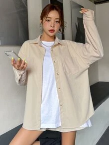 DAZY Letter Patched Split Back Drop Shoulder Shirt Long Sleeve Top - Beige - View 3