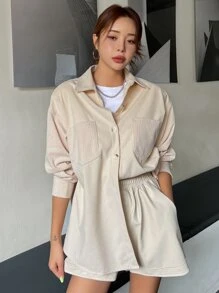 DAZY Letter Patched Split Back Drop Shoulder Shirt Long Sleeve Top - Beige - View 7