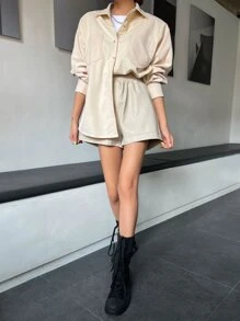 DAZY Letter Patched Split Back Drop Shoulder Shirt Long Sleeve Top - Beige - View 8