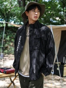 DAZY Men Letter Graphic Coat - Black - View 6