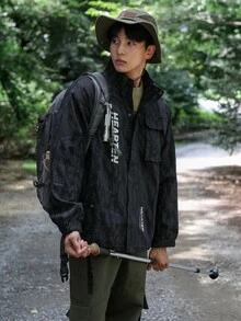 DAZY Men Letter Graphic Coat - Black - View 8