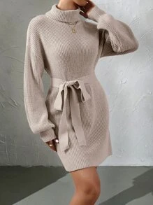 SHEIN Privé 高領落肩袖腰帶毛衣裙