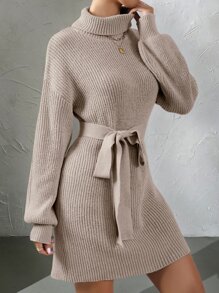 SHEIN Privé 高領落肩袖腰帶毛衣裙