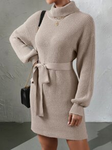 SHEIN Privé 高領落肩袖腰帶毛衣裙