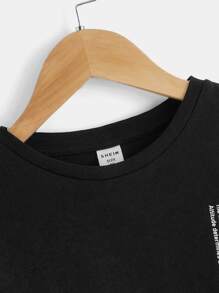 SHEIN 小男童標語圖案印花T恤 - 黑色 - 查看 4