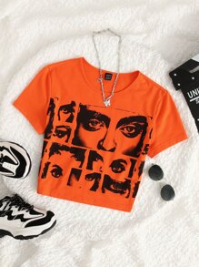 SHEIN ICON 90s Figure Graphic Y2k Crop T-Shirt - Orange - View 2