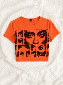 SHEIN ICON 90s Figure Graphic Y2k Crop T-Shirt - Orange - View 5