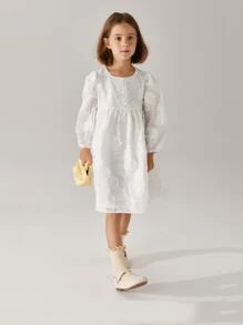 Váy dài tay mùa thu cho các cô gái trẻ, Váy Jacquard trắng cổ tròn có hoa, Váy công chúa đa năng - trắng - Xem 4