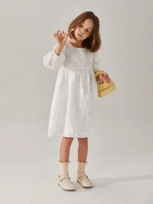 Váy dài tay mùa thu cho các cô gái trẻ, Váy Jacquard trắng cổ tròn có hoa, Váy công chúa đa năng - trắng - Xem 5