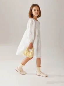 Váy dài tay mùa thu cho các cô gái trẻ, Váy Jacquard trắng cổ tròn có hoa, Váy công chúa đa năng - trắng - Xem 8