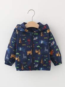 Baby Cartoon Graphic Zip Up Hooded Jacket - Navy Blue - View 1