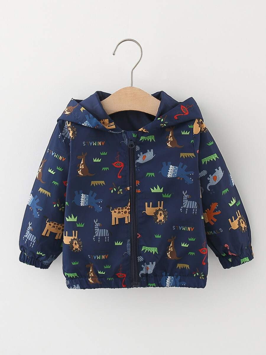 Baby Cartoon Graphic Zip Up Hooded Jacket - Navy Blue - View 1
