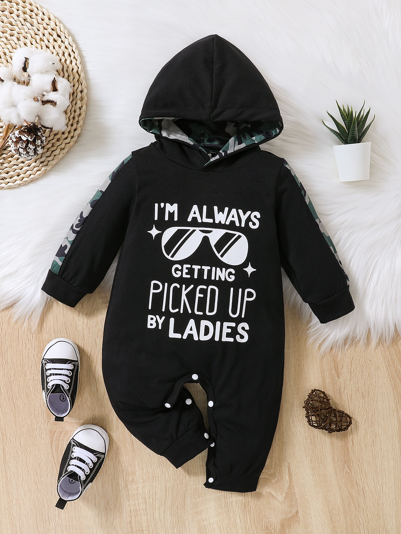 Baby Glasses & Slogan Graphic Hooded Jumpsuit
