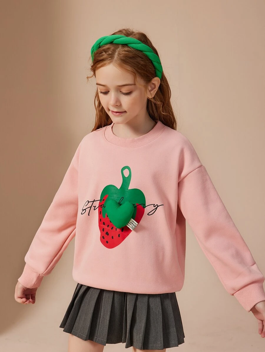 Cô gái Tween Tu bổ trái tim Lá thư Và In Dâu tây Áo chui đầu - Màu Hồng  San hô - Xem 1