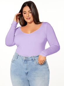 SHEIN BASICS 大碼素色合身T恤 - 紫丁香色 - 查看 3