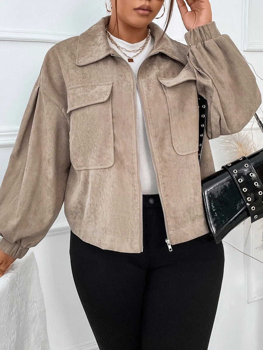 Flirla Plus Flap Pocket Drop Shoulder Corduroy Jacket - Khaki - View 1