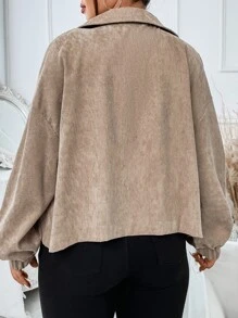 Flirla Plus Flap Pocket Drop Shoulder Corduroy Jacket - Khaki - View 2