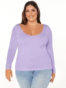 SHEIN BASICS 大碼素色合身T恤 - 紫丁香色 - 查看 5