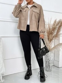 Flirla Plus Flap Pocket Drop Shoulder Corduroy Jacket - Khaki - View 3