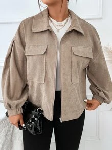 Flirla Plus Flap Pocket Drop Shoulder Corduroy Jacket - Khaki - View 4