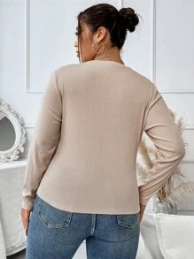 SHEIN LUNE 大碼素色條紋針織T恤 - 杏色 - 查看 2