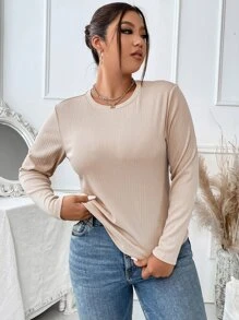 SHEIN LUNE 大碼素色條紋針織T恤 - 杏色 - 查看 3