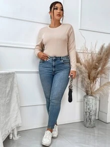 SHEIN LUNE 大碼素色條紋針織T恤 - 杏色 - 查看 4