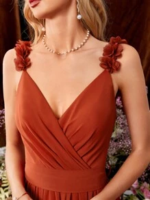 贴花褶饰细节系带雪纺伴娘礼服优雅连衣裙 - 亮橙色 - 查看 3