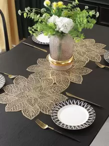 1pc Hollow Out Table Runner, Gold PVC Flower Table Decoration Mat For Dining Room - Gold - View 1