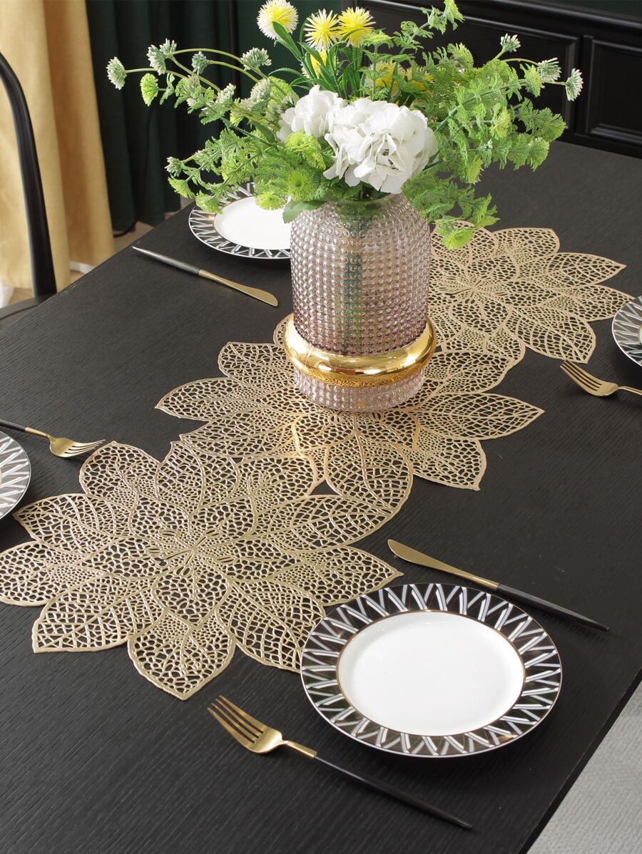 1pc Hollow Out Table Runner, Gold PVC Flower Table Decoration Mat For Dining Room - Gold - View 1