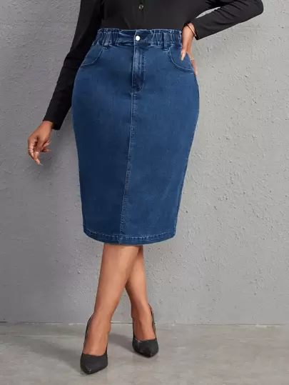 SHEIN SXY Plus High Waist Split Back Denim Skirt