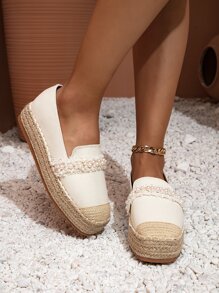 Faux Pearl Decor Cap Toe Espadrille Canvas Flatform Loafers - Beige - View 1