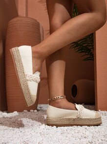 Faux Pearl Decor Cap Toe Espadrille Canvas Flatform Loafers - Beige - View 3
