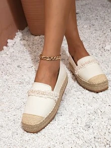 Faux Pearl Decor Cap Toe Espadrille Canvas Flatform Loafers - Beige - View 4