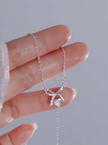 Nooxian Cubic Zirconia Bow Charm Necklace Valentines,Mom,Mother,Mother's Day,Gift - Silver - View 3