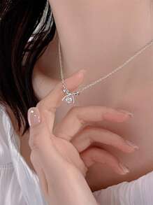 Nooxian Cubic Zirconia Bow Charm Necklace Valentines,Mom,Mother,Mother's Day,Gift - Silver - View 2