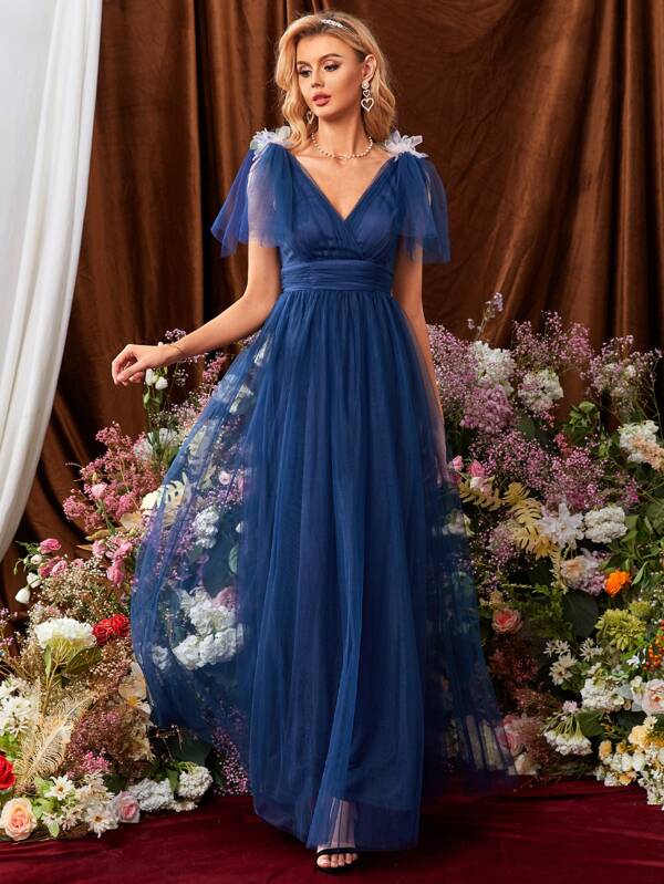 Appliques V Back Mesh Bridesmaid Dress SHEIN USA