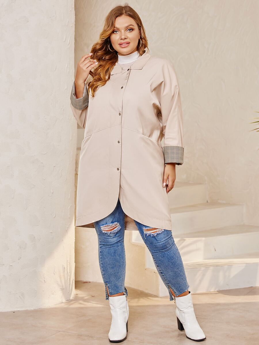 Plus Contrast Cuff Batwing Sleeve Coat - Beige - View 1
