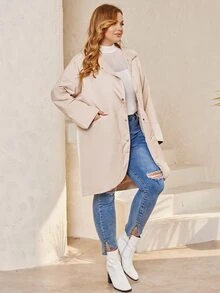 Plus Contrast Cuff Batwing Sleeve Coat - Beige - View 3