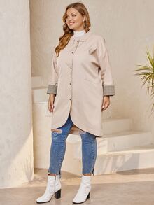 Plus Contrast Cuff Batwing Sleeve Coat - Beige - View 5