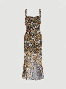 SHEIN MOD 印花木耳邊圍裹下擺網紗吊帶連衣裙 - 彩色 - 查看 1