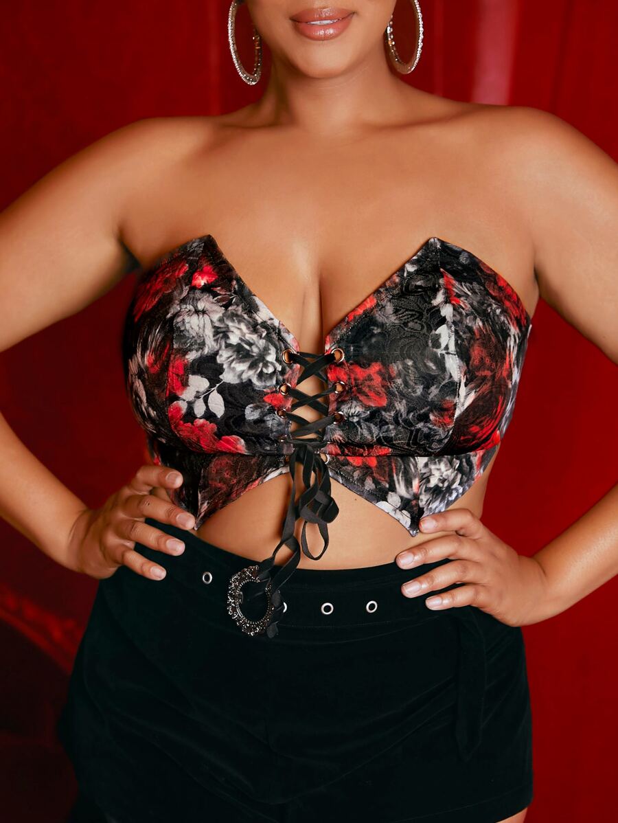 SHEIN SXY áo nữ kích thước lớn Bất đối xứng Ren lên Hoa Gợi cảm - Nhiều màu - Xem 1