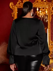 SHEIN SXY Plus Ruffle Trim Flounce Sleeve Satin Blouse - Black - View 2