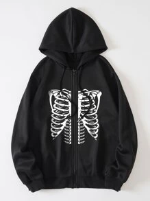SHEIN EZwear Skeleton Print Zip Up Thermal Lined Drawstring Hoodie - Black - View 1