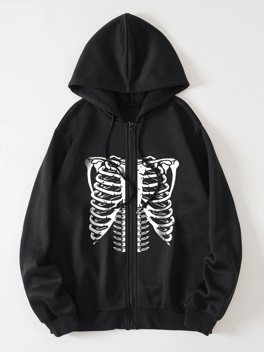 SHEIN EZwear Skeleton Print Zip Up Thermal Lined Drawstring Hoodie - Black - View 1