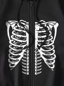 SHEIN EZwear Skeleton Print Zip Up Thermal Lined Drawstring Hoodie - Black - View 5