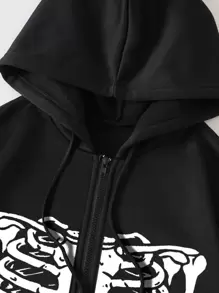 SHEIN EZwear Skeleton Print Zip Up Thermal Lined Drawstring Hoodie - Black - View 8